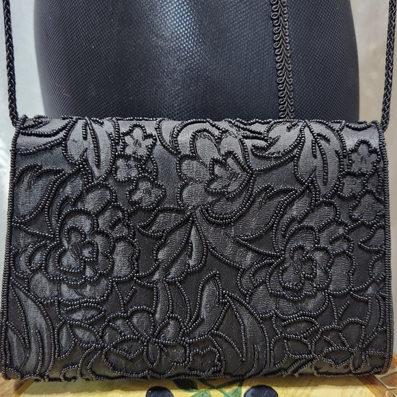 VTG Henry Birks Black Beaded Envelope Clutch Bag with Rope Shoulder Strap, 1990s - Picture 3 of 8